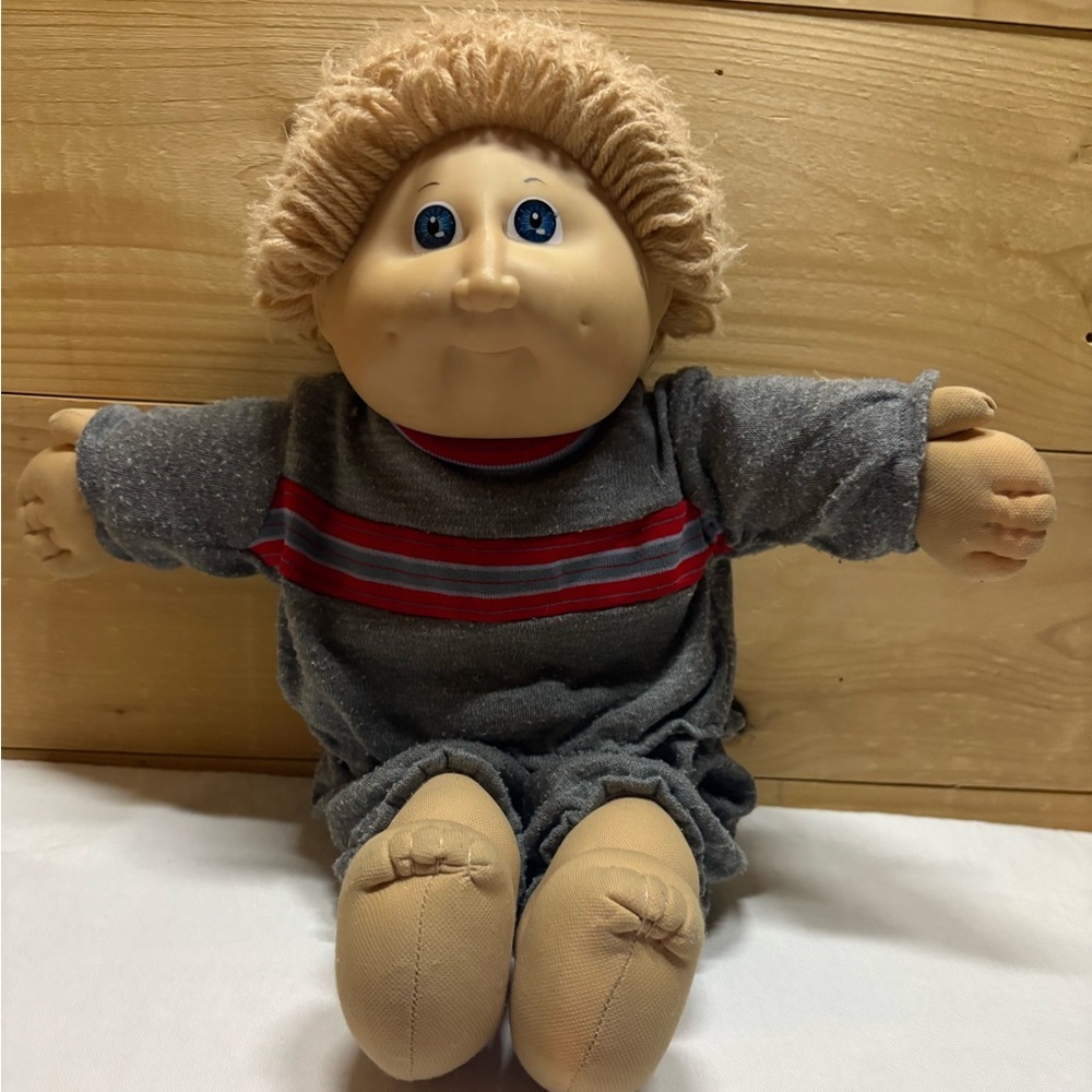 Cabbage Patch Charming Plush Doll with Gray Outfit and Red Stripes